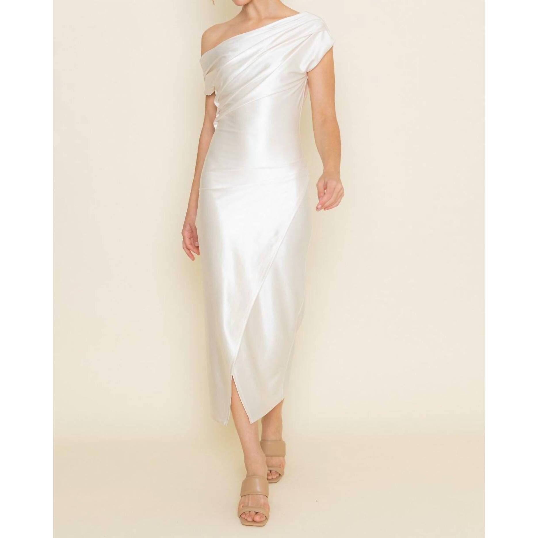 New Fore Collection Joan Pearl Draped Asymmetrical Midi Dress In White